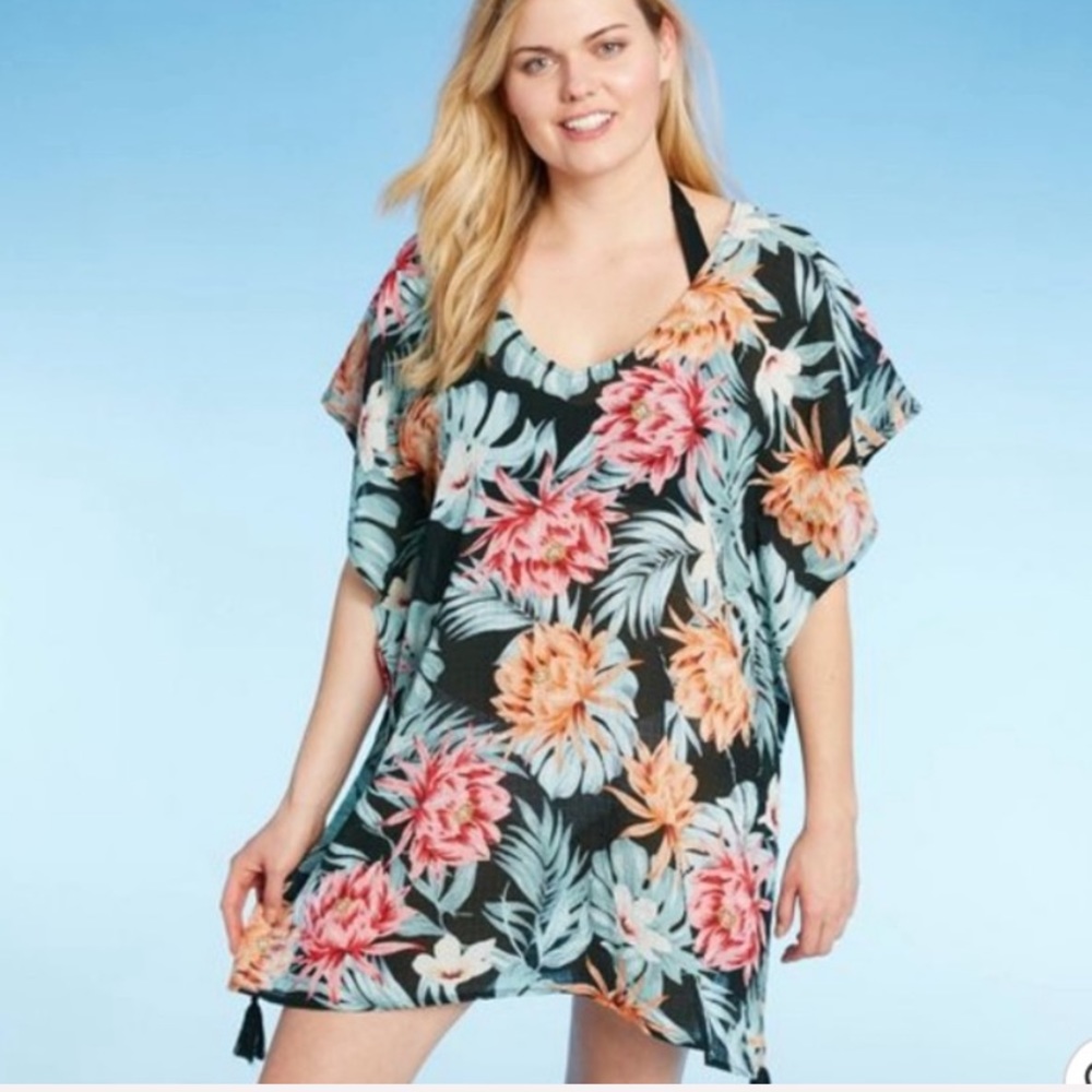 Kona Sol NWT Lattice Black Floral Print Cover Up Size Small